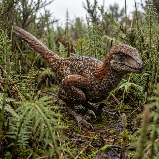 Feathered Velociraptor Crouching in Prehistoric Vegetation
