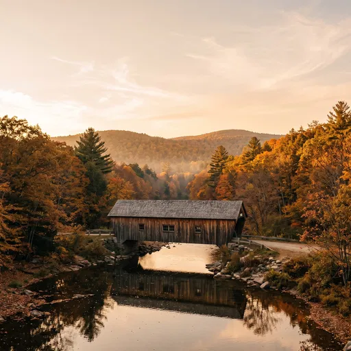 Wooden Covered Bridge in Autumn Landscape