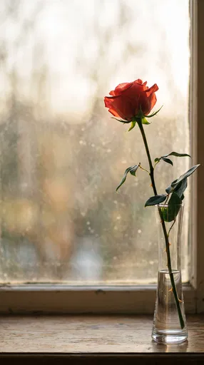 Single Red Rose by Sunny Window