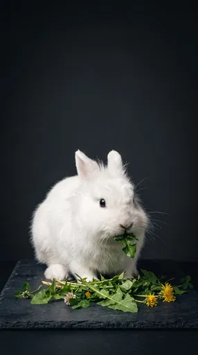 White Rabbit Eating Dandelion Greens