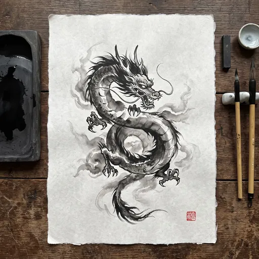 Sumi-e Ink Dragon Painting Flat Lay