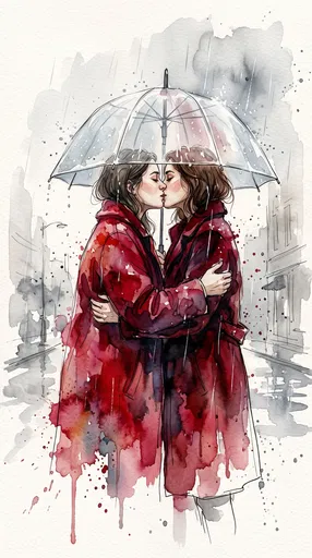 Watercolor Illustration of Women Kissing in Rain