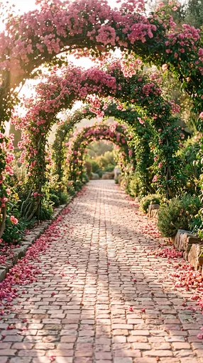 Sunlit Garden Path Under Pink Flower Arches
