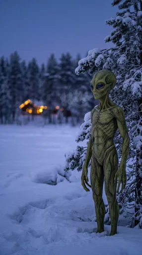 Green Alien in Snowy Twilight Forest