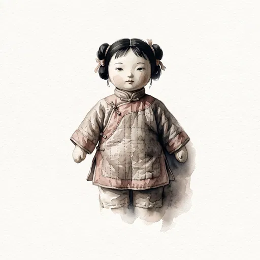 Watercolor Illustration of Vintage Chinese Doll