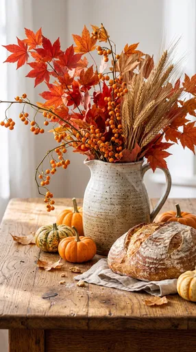 Autumn Pitcher Arrangement With Bread and Pumpkins
