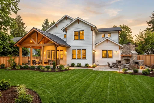 White Craftsman House Backyard at Sunset