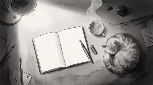Monochrome Ink Wash Desk With Sleeping Cat