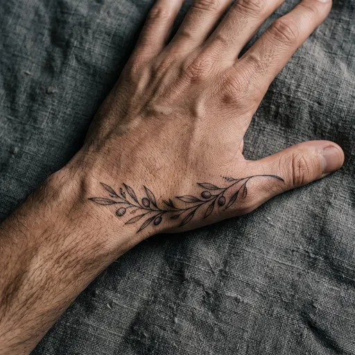 Man's Hand With Olive Branch Tattoo