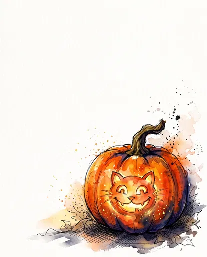 Watercolor Pumpkin With Cat Carving Illustration