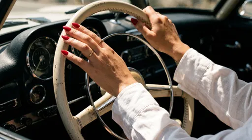 Red Almond Nails On Vintage Steering Wheel