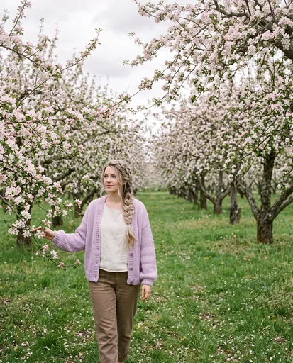 Woman with Side Braid in Blooming Orchard