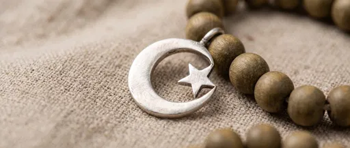 Silver Crescent Pendant With Wooden Prayer Beads