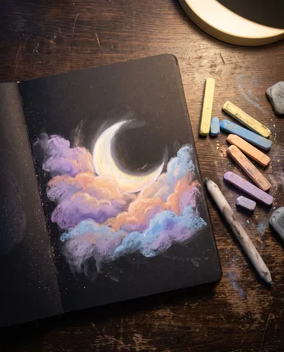 Pastel Crescent Moon Drawing in Black Sketchbook