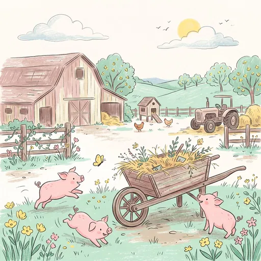 Pastel Storybook Illustration of Farmyard Piglets