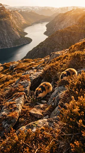 Two Lemmings on Fjord Hillside at Sunset