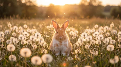Fluffy Bunny in Sunset Dandelion Field