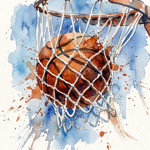 Watercolor Basketball Swishing Through Net