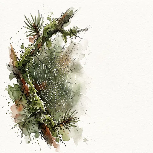 Watercolor Spiderweb on Mossy Pine Twig