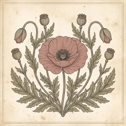 Symmetrical Vintage Botanical Poppy Illustration