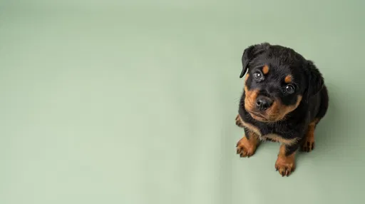 Rottweiler Puppy Looking Up on Green Backdrop