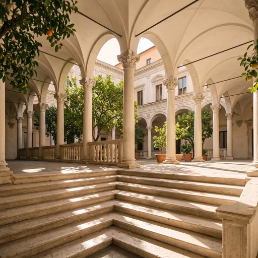 Sunlit Italian Renaissance Palazzo Courtyard Steps