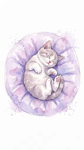 Watercolor Sleeping Kitten on Lavender Cushion