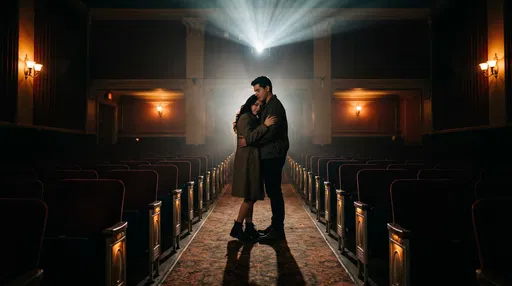 Couple Embracing in Vintage Movie Theater Aisle