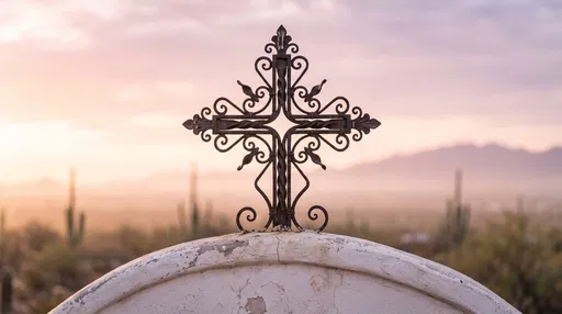 Ornate Wrought-Iron Cross Against Desert Sunrise