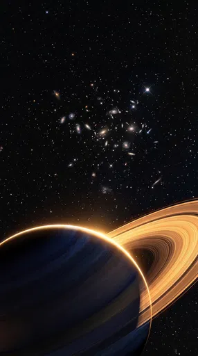 Backlit Ringed Planet and Galaxy Cluster