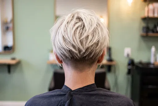 Rear View of Platinum Blonde Pixie Cut