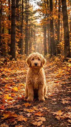 Goldendoodle Puppy on Autumn Forest Trail