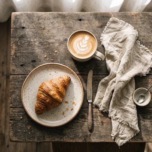Croissant and Latte on Rustic Wooden Table