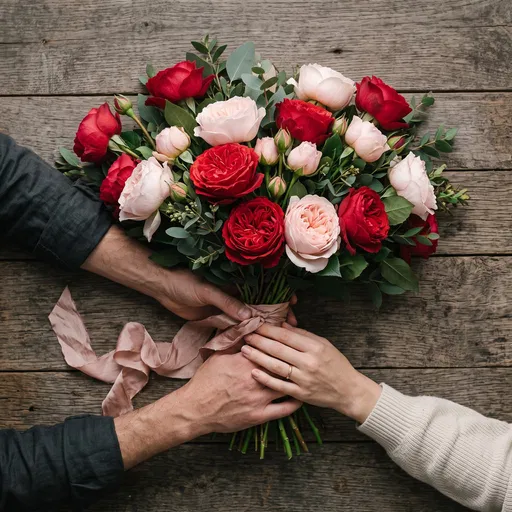 Couple Holding Red and Pink Rose Bouquet