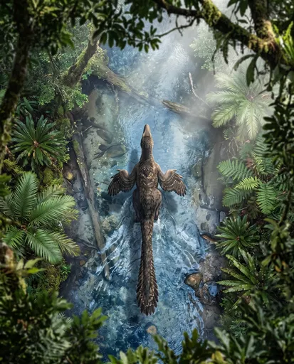 Overhead View of Feathered Dinosaur in Creek