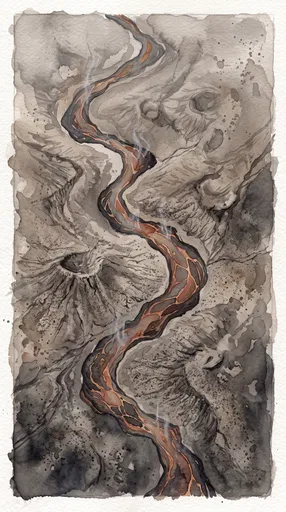 Watercolor Volcanic Lava Flow Aerial View