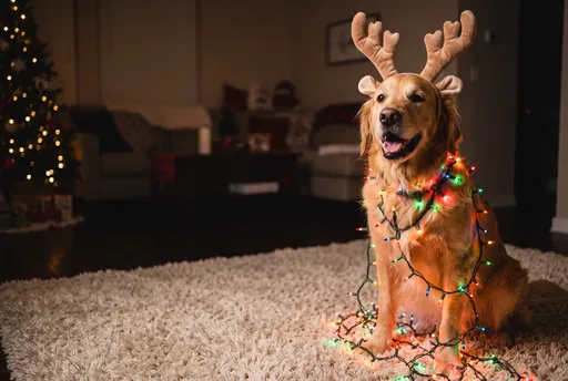 Golden Retriever in Christmas Lights and Antlers