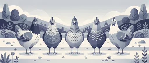 Five Geometric Blue Hens Panoramic Illustration
