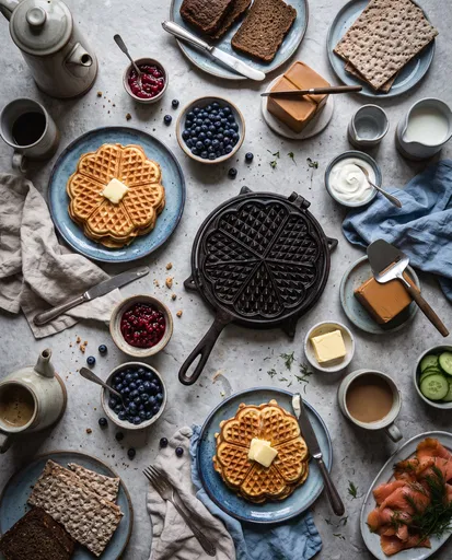 Overhead Nordic Waffle Breakfast Table Spread