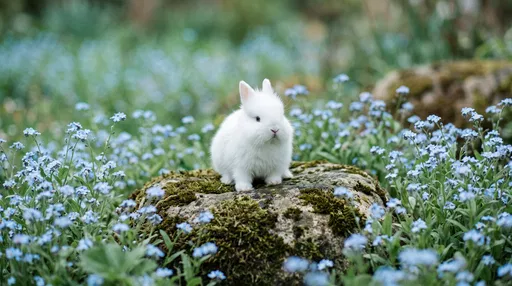 Fluffy White Bunny on Mossy Stone