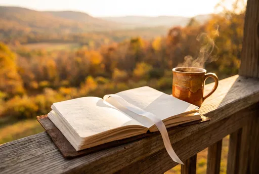 Open Journal and Mug on Autumn Porch