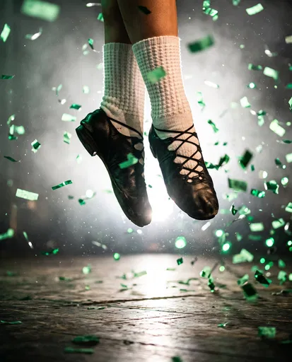 Irish Dancer Feet Leaping in Green Confetti