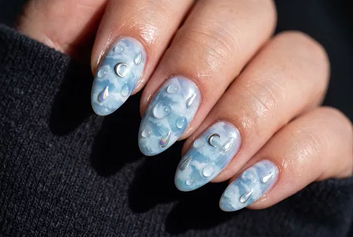 Blue Cloud and Raindrop Nail Art