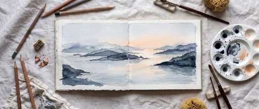 Watercolor Sketchbook Coastal Sunset Flat Lay