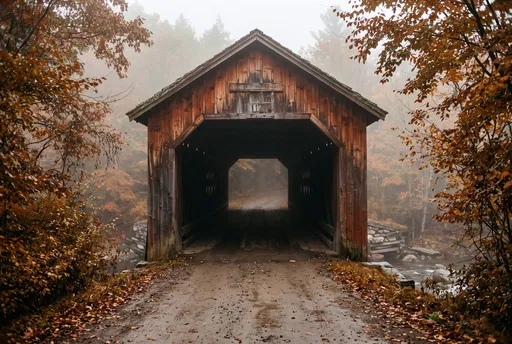 Foggy Autumn Wooden Covered Bridge