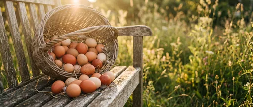 Woven Basket of Fresh Eggs on Bench