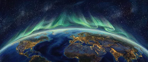 Illustrated Earth at Night with Aurora