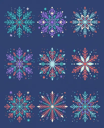 Colorful Folk Art Snowflake Illustration Set