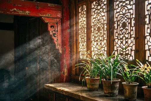 Sunbeams Through Traditional Chinese Lattice Window