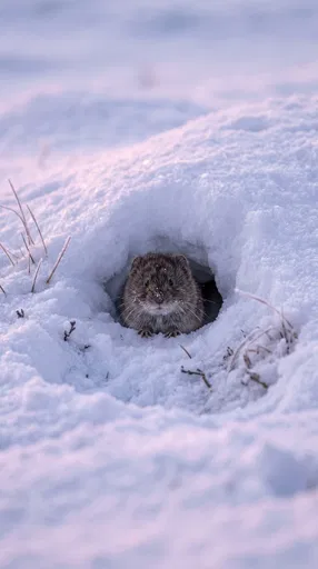 Fluffy Tundra Vole in Snow Burrow